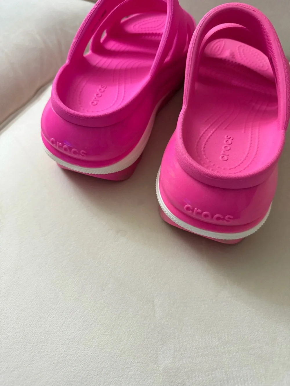 CROCS Unisex Triple-Strap Platform Slides in Bright Pink with White Accent